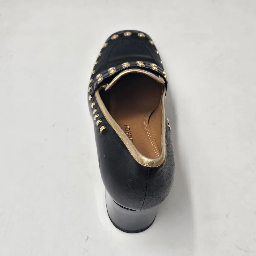 Tory Burch Studded Block Heel Loafer Pump Black Gold Leather Left Shoe 6.5 US